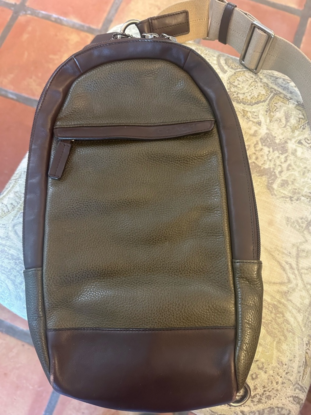 Coach Leather Sling Bag in Olive Green and Dark Brown